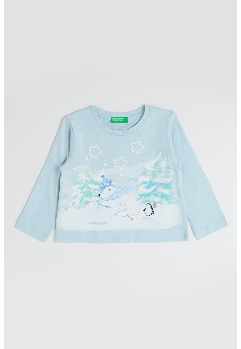 United Colors Of Benetton Bluza de bumbac cu imprimeu grafic si logo - Alb/Verde menta