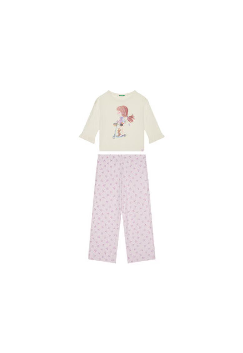 United Colors Of Benetton Pijama fete 3Y5E0P08B - Bumbac/Viscoza - Ecru/Roz - Ecru/Roz