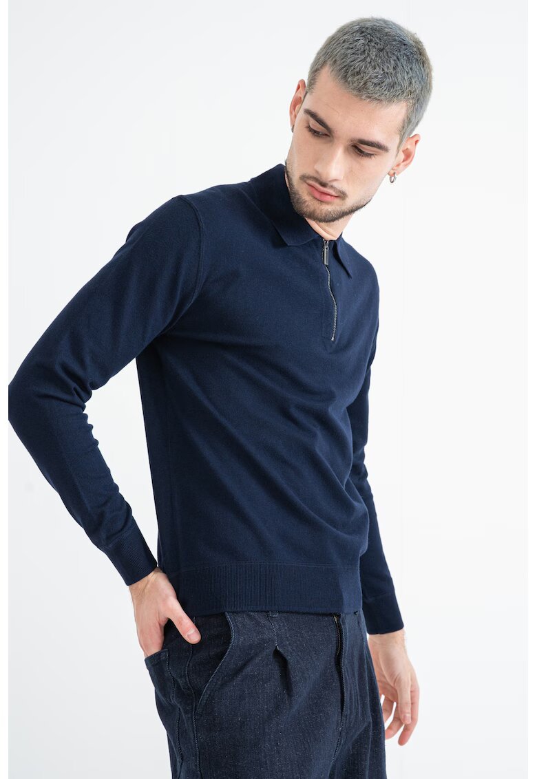 United Colors Of Benetton Pulover slim fit cu guler polo cu fermoar - Bleumarin