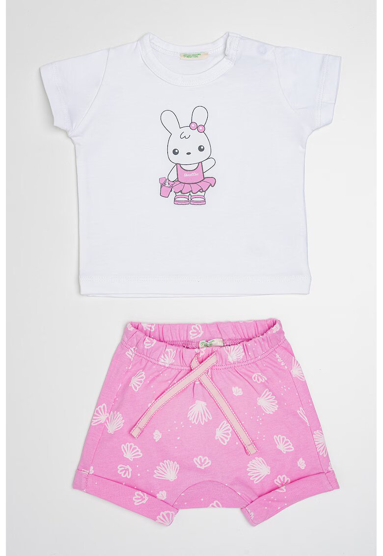 United Colors Of Benetton Set de tricou si pantaloni scurti - Alb/Roz
