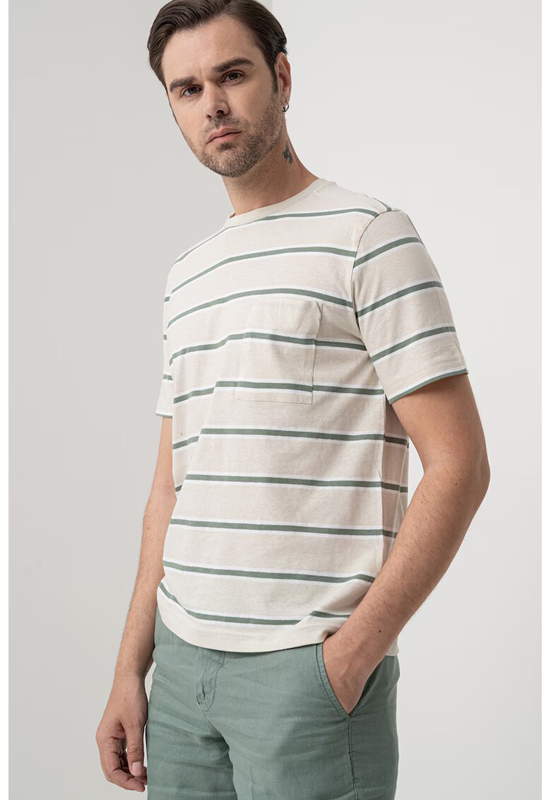 United Colors Of Benetton Tricou cu decolteu la baza gatului si imprimeu in dungi - Alb/Alb fildes/Verde inchis