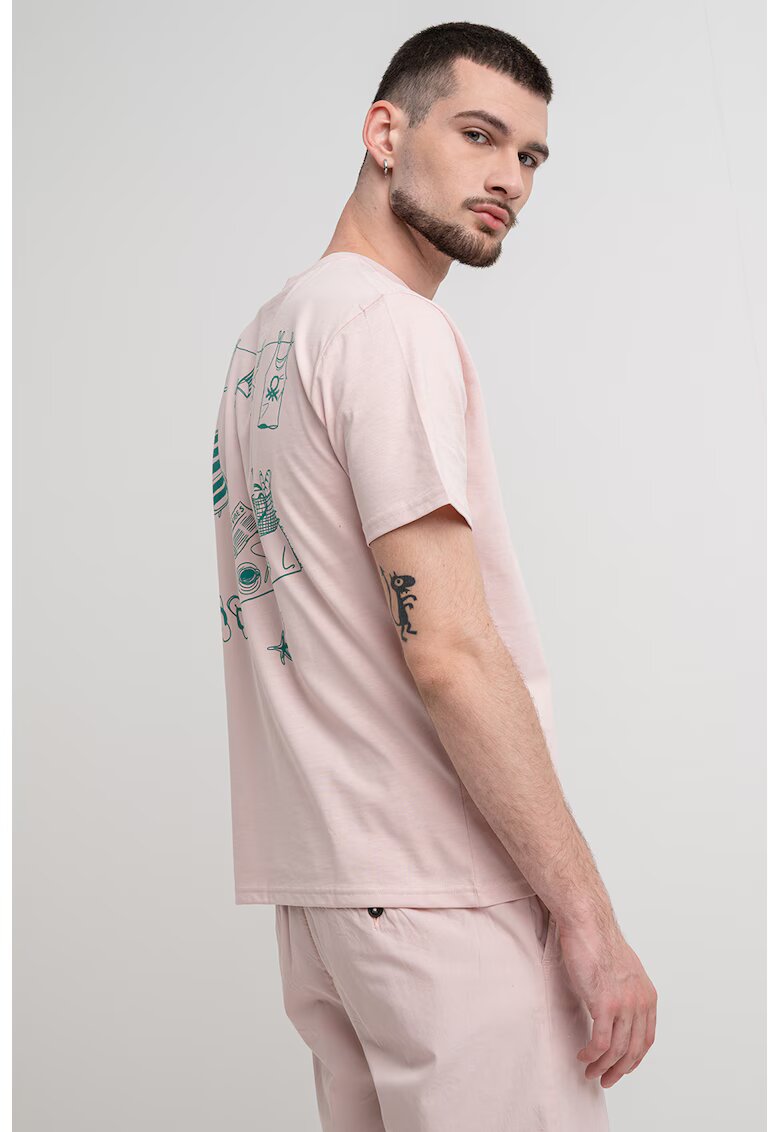 United Colors Of Benetton Tricou cu decolteu la baza gatului si imprimeu - Verde/Roz pastel