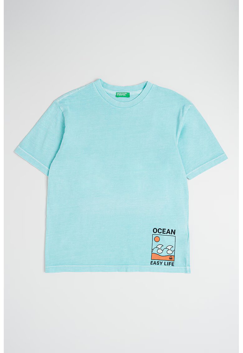 United Colors Of Benetton Tricou cu model si decolteu la baza gatului - Negru/Albastru aquamarin