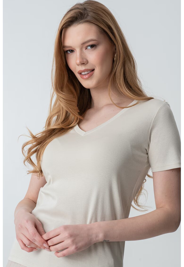 United Colors Of Benetton Tricou de bumbac cu decolteu in V - Bej deschis