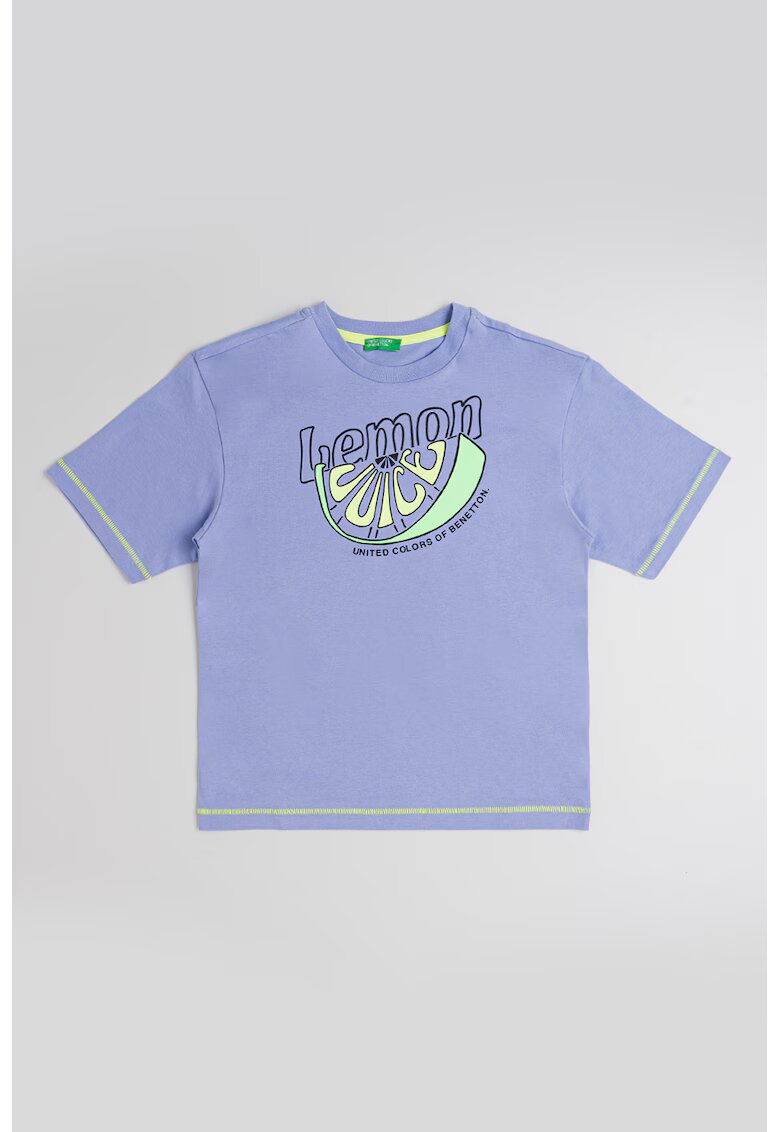 United Colors Of Benetton Tricou de bumbac cu decolteu la baza gatului - Verde neon/Albastru azur