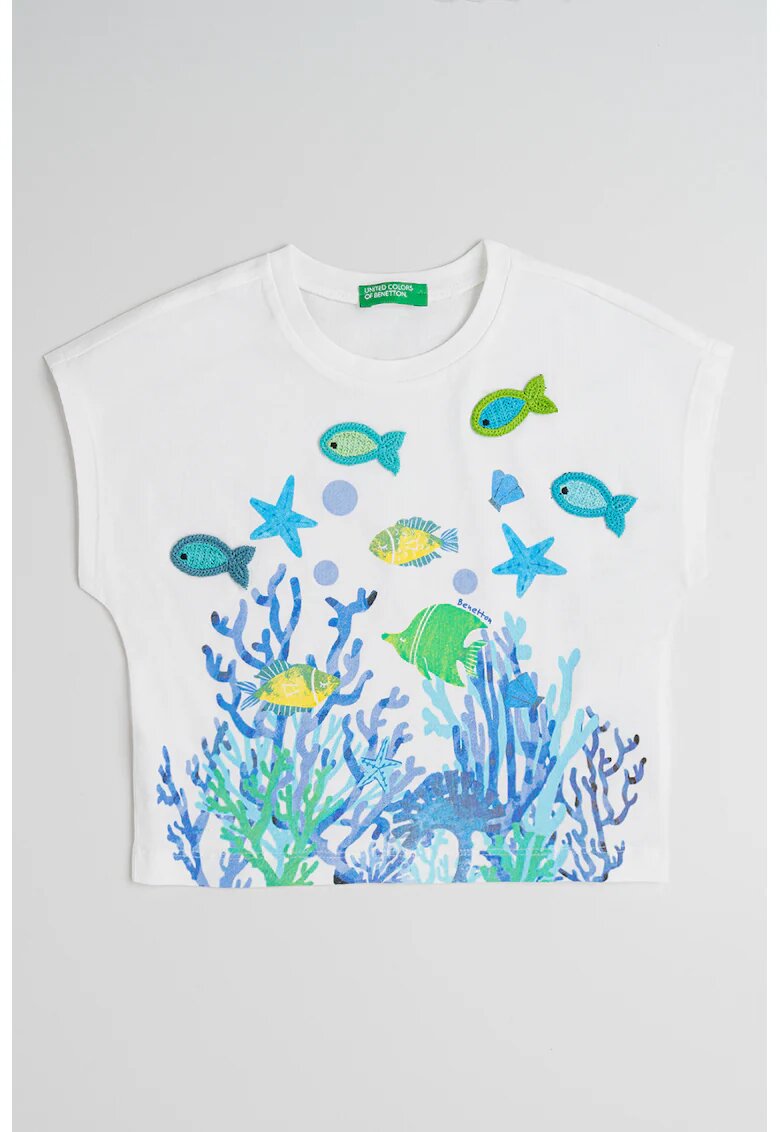 United Colors Of Benetton Tricou de bumbac cu detalii crosetate - Alb/Verde/Albastru