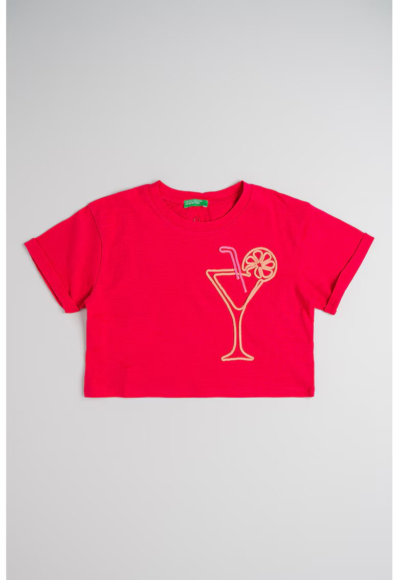 United Colors Of Benetton Tricou din bumbac cu broderie - Portocaliu/Roz zmeuriu