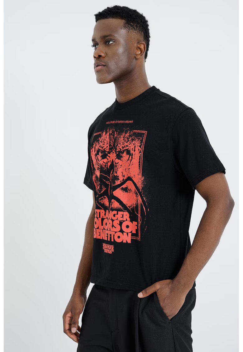 United Colors Of Benetton Tricou lejer cu imprimeu text frontal - Negru/Coral