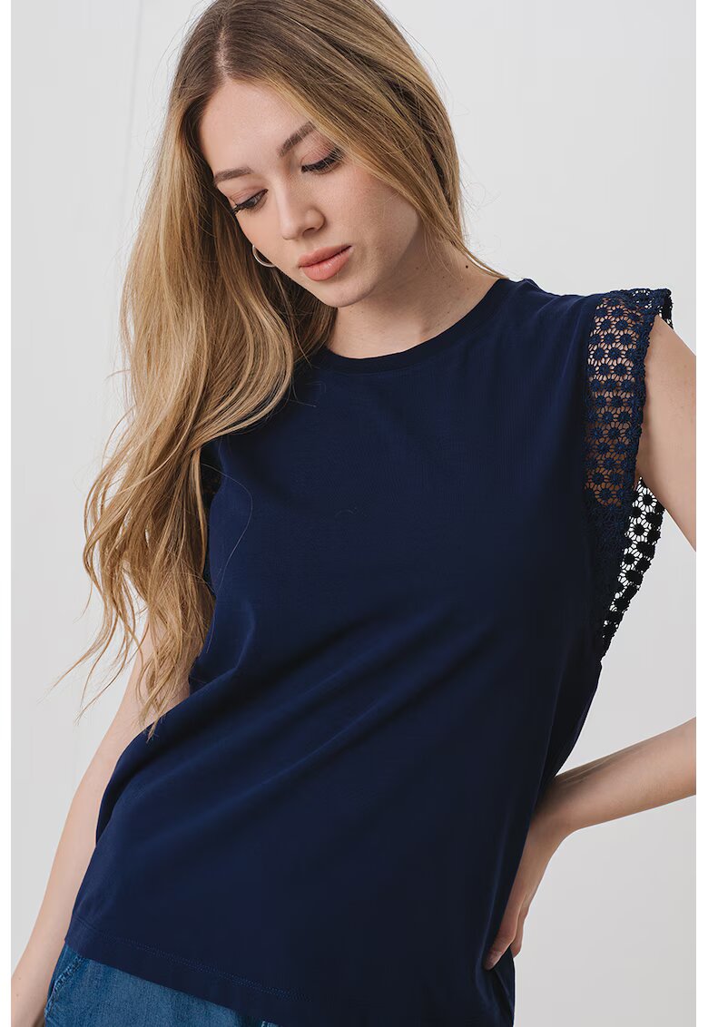 United Colors Of Benetton Tricou regular fit cu maneci de dantela - Bleumarin