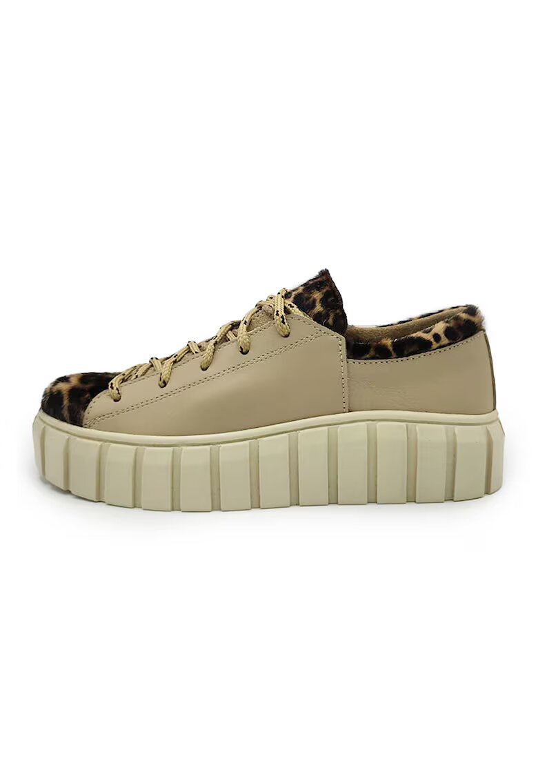unudoitrei Pantofi sport din piele cu segmente animal print - Negru/Maro nisip/Bej deschis
