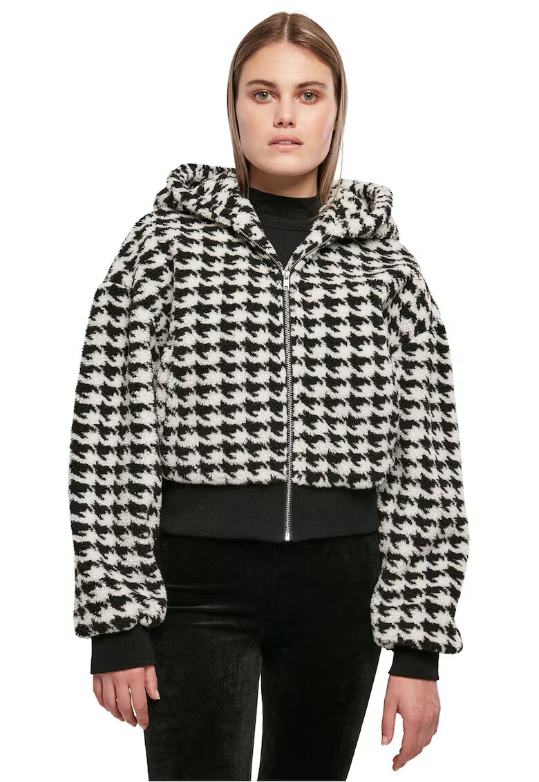 Urban Classics Jacheta crop cu gluga si model houndstooth - Alb/Negru