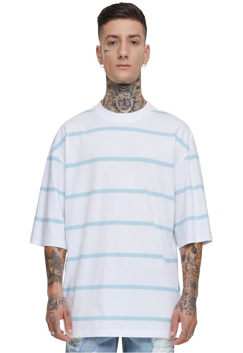 Urban Classics Tricou supradimensionat cu model in dungi - Alb/Albastru glaciar