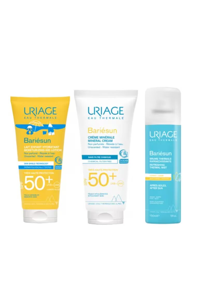 Uriage Set Bariesun Family cu protectie solara SPF 50+ si ingrijire dupa plaja – Lotiune pentru copii 100 ml - Crema minerala 100 ml - Spray dupa soare 150 ml