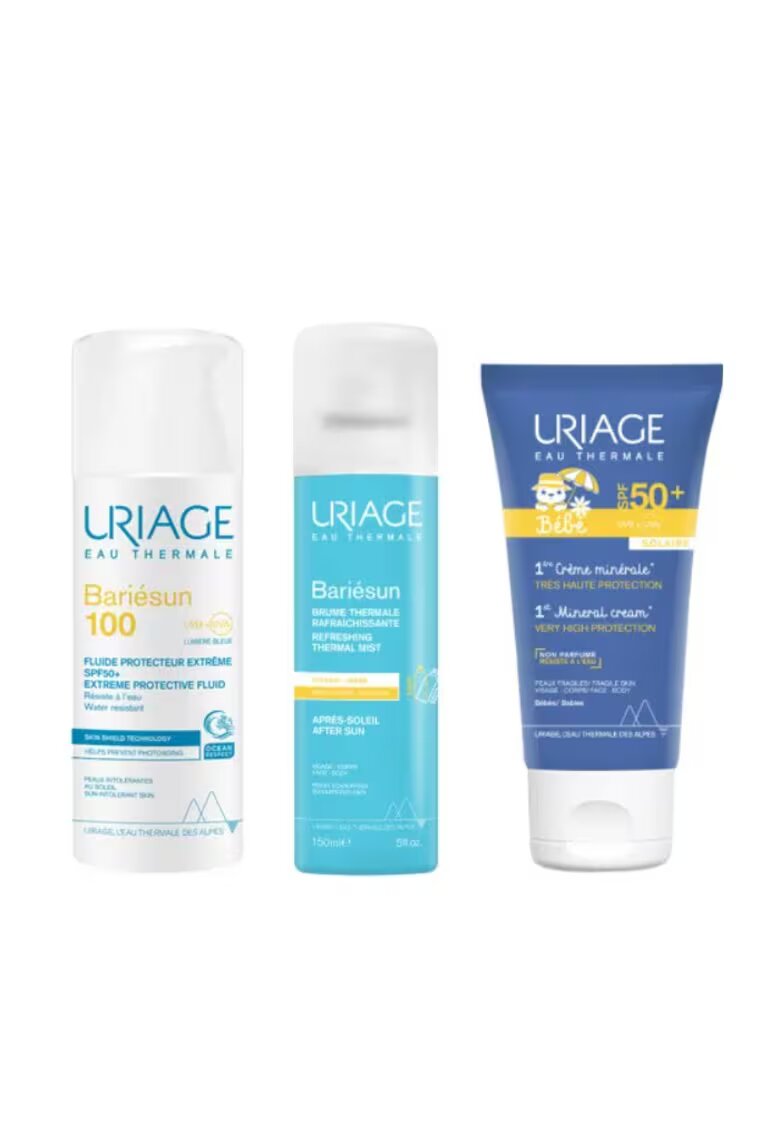 Uriage Set Bariesun Protectie solara SPF 50+/100 pentru adulti si bebelusi – Fluid SPF 50+ 50 ml - Crema minerala bebelusi 50 ml - Spray dupa soare 150 ml