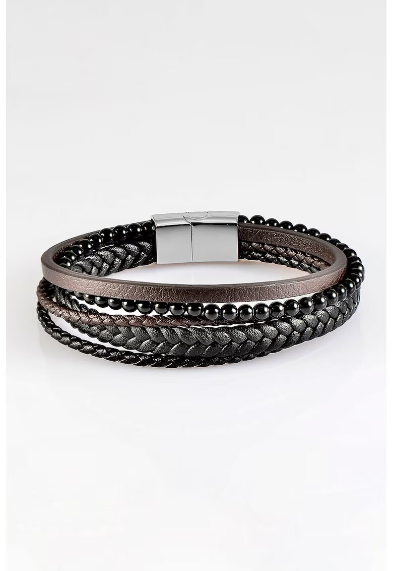 US Polo Assn Bratara cu siraguri multiple din piele si margele din onix - Negru/Maro