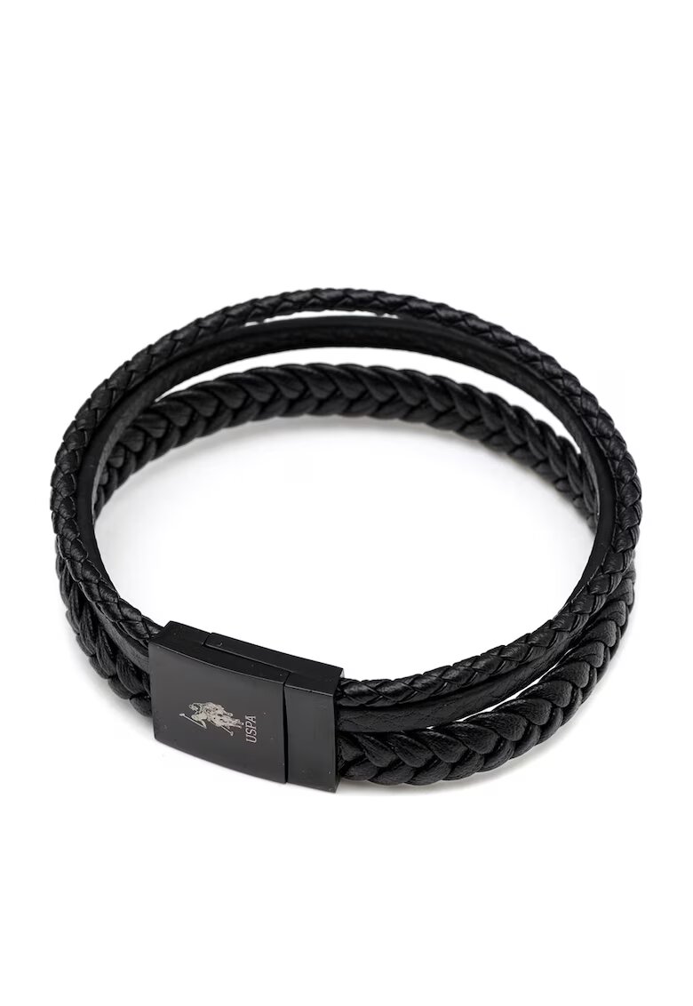 US Polo Assn Bratara de piele cu aspect impletit - Negru