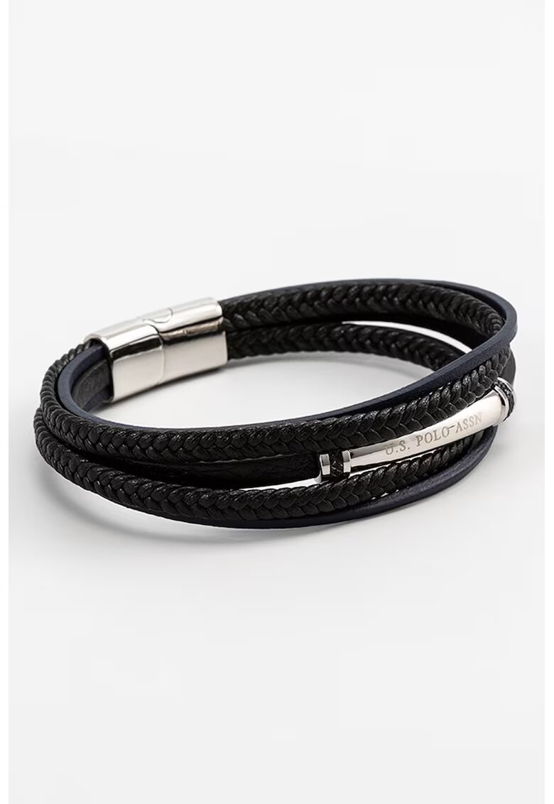 US Polo Assn Bratara de piele cu insertii metalice si aspect impletit - Alb/Negru