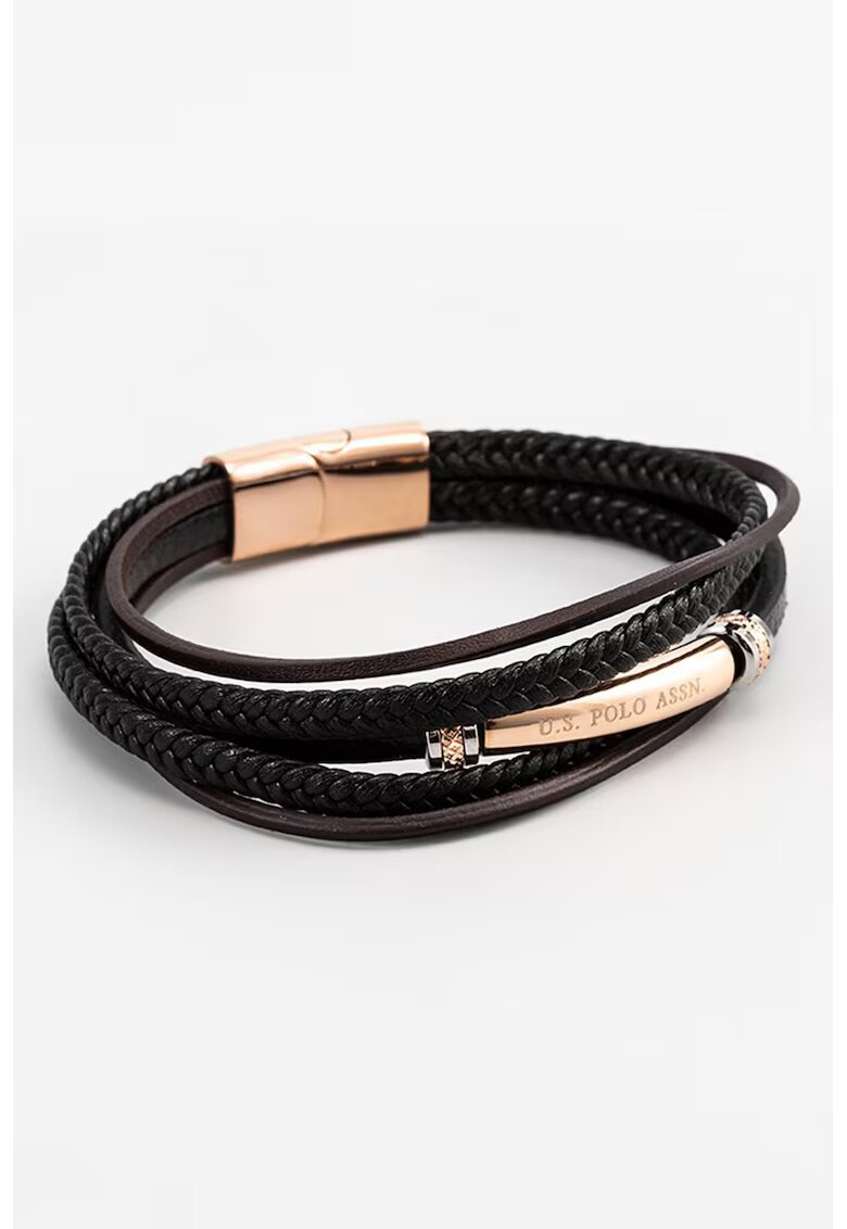 US Polo Assn Bratara de piele cu insertii metalice si aspect impletit - Alb/Negru