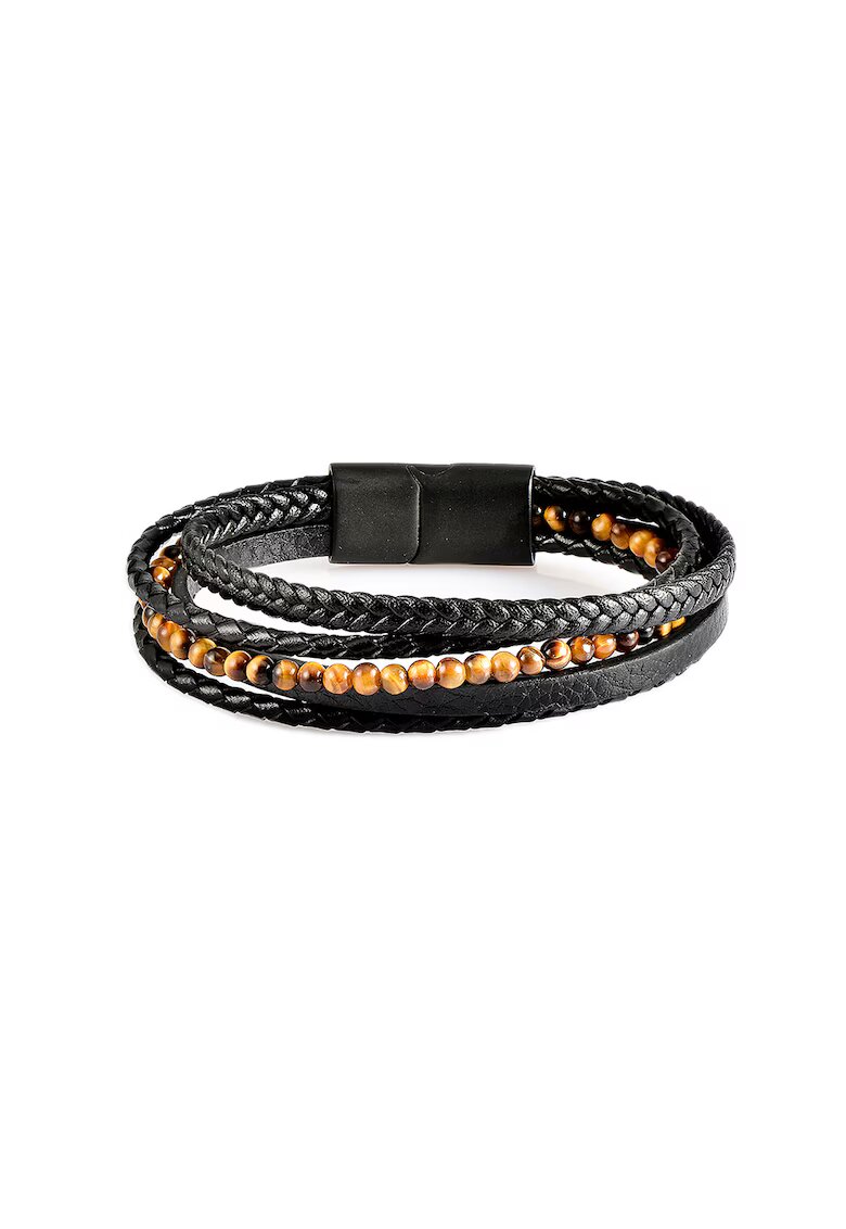 US Polo Assn Bratara de piele cu siraguri multiple si pietre ochi de tigru - Negru/Maro