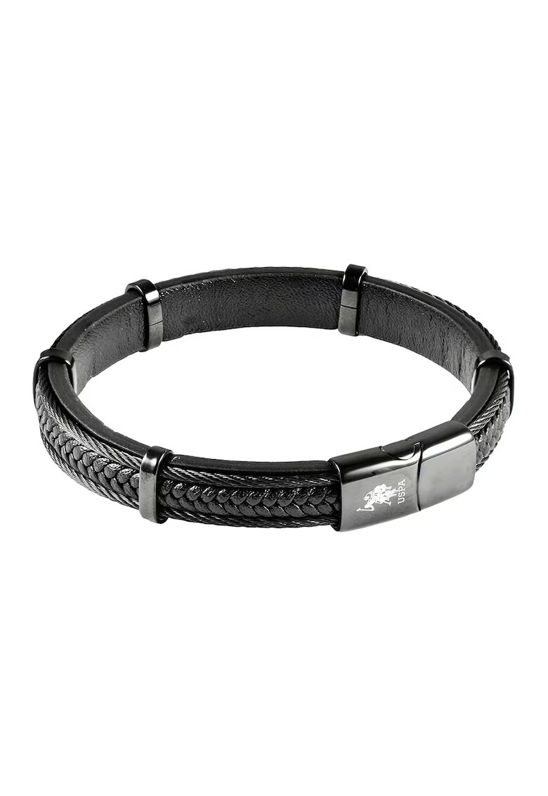 US Polo Assn Bratara din piele cu placuta logo - Negru/Argintiu