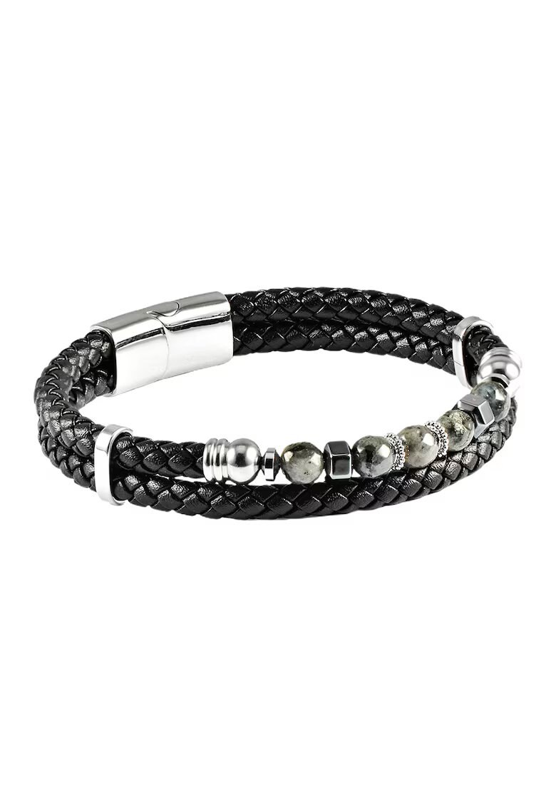 US Polo Assn Bratara impletita din piele cu placuta logo - Negru/Argintiu