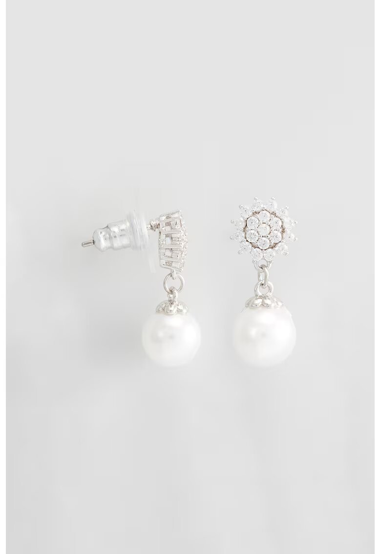 US Polo Assn Cercei drop decorati cu perle sintetice si cristale - Alb/Argintiu