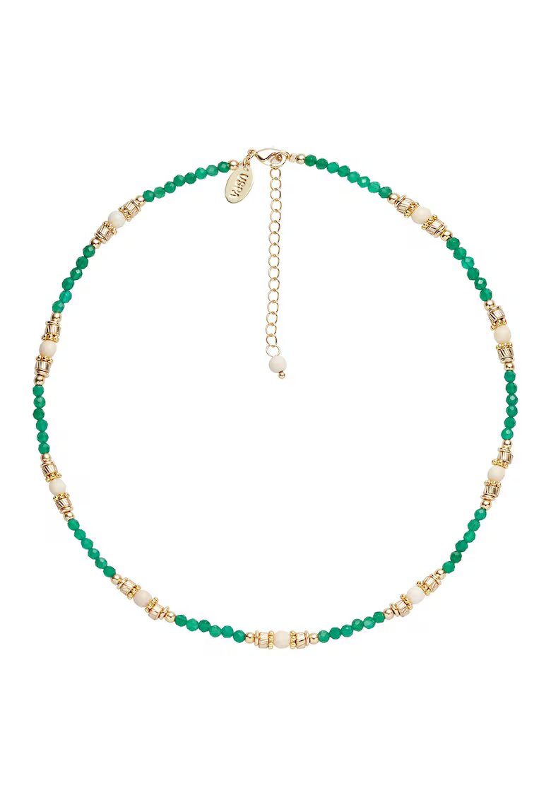 US Polo Assn Colier cu agate si pietre fosila - Auriu/Verde aquamarin