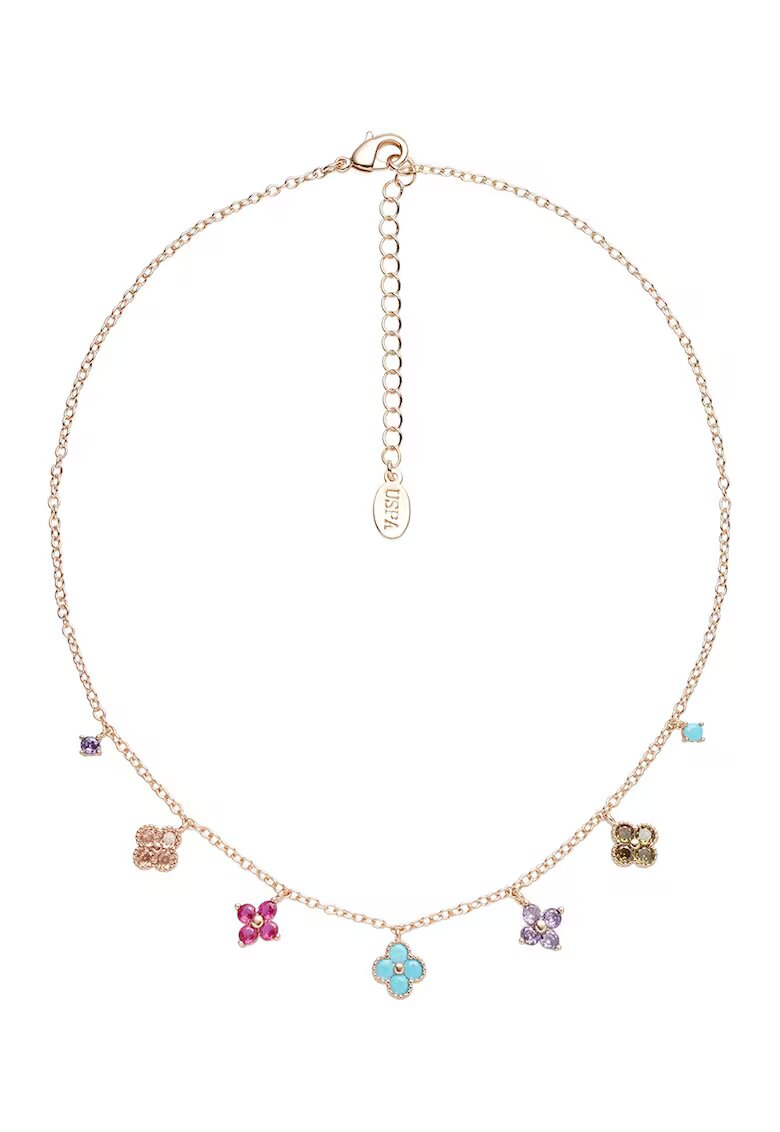 US Polo Assn Colier cu cristale si elemente florale - Auriu/Turcoaz/Lila