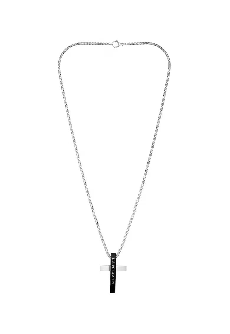 US Polo Assn Colier din otel inoxidabil cu pandantiv cruce - Argintiu/Negru