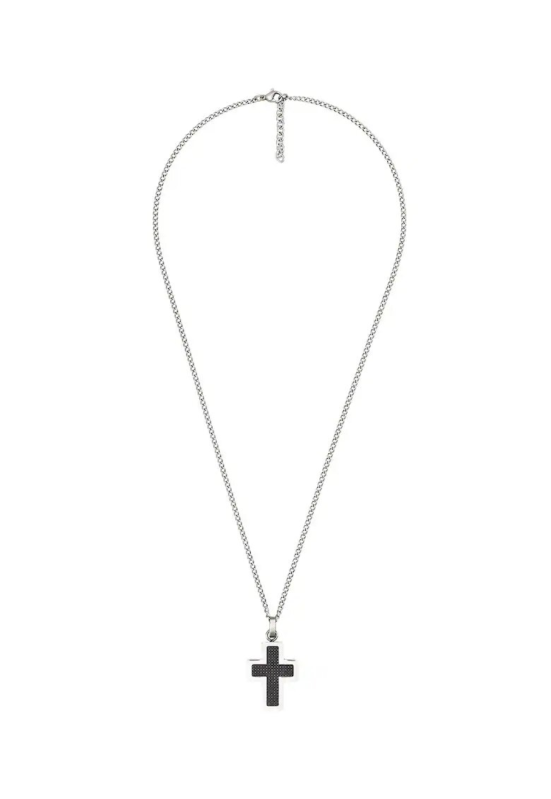 US Polo Assn Colier din otel inoxidabil - cu pandantiv in forma de cruce - Negru/Argintiu