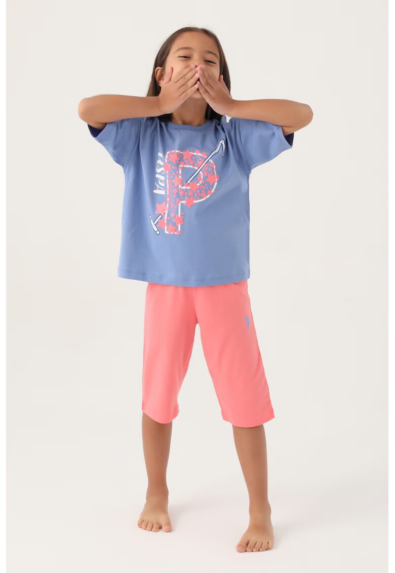 US Polo Assn Pijama cu imprimeu si maneci cazute - Albastru lavanda/Roz