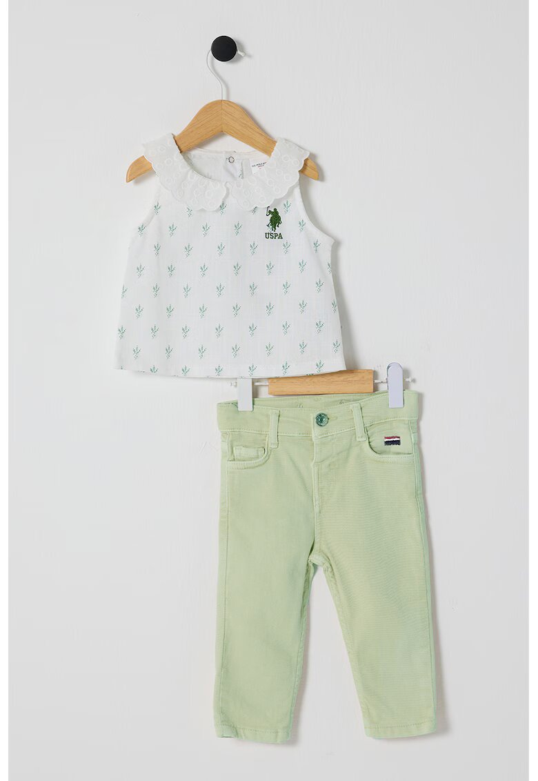 US Polo Assn Set de blugi si tricou cu imprimeu - 2 Piese - Alb optic/Verde fistic