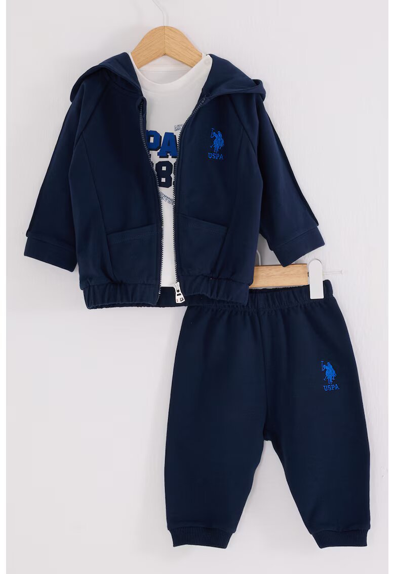 US Polo Assn Set de bluza cu imprimeu - pantaloni sport si hanorac - 3 piese - Alb murdar/Bleumarin