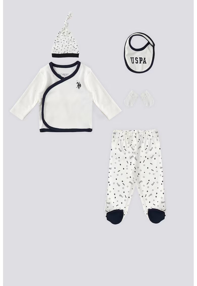 US Polo Assn Set de bluza de bumbac - pantaloni cu botosei - bavetica - manusi si caciula - 5 piese - Alb/Albastru ultramarin