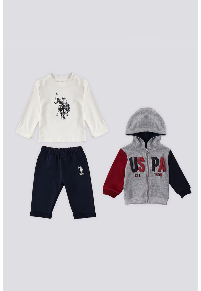 US Polo Assn Set de bluza - hanorac si pantaloni de trening - Rosu/Gri melange/Crem
