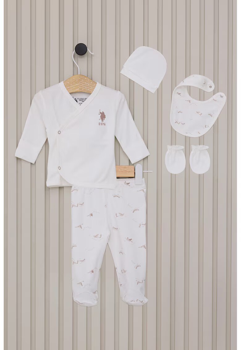 US Polo Assn Set de bluza - pantaloni cu botosei - caciula - bavetica si manusi - 6 piese - Alb/Maro taupe