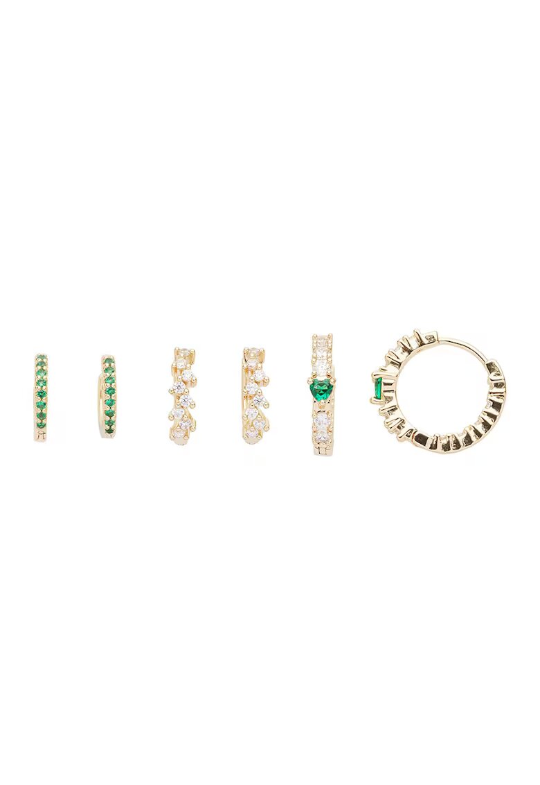 US Polo Assn Set de cercei rotunzi cu cristale - 3 perechi - Auriu/Verde aquamarin