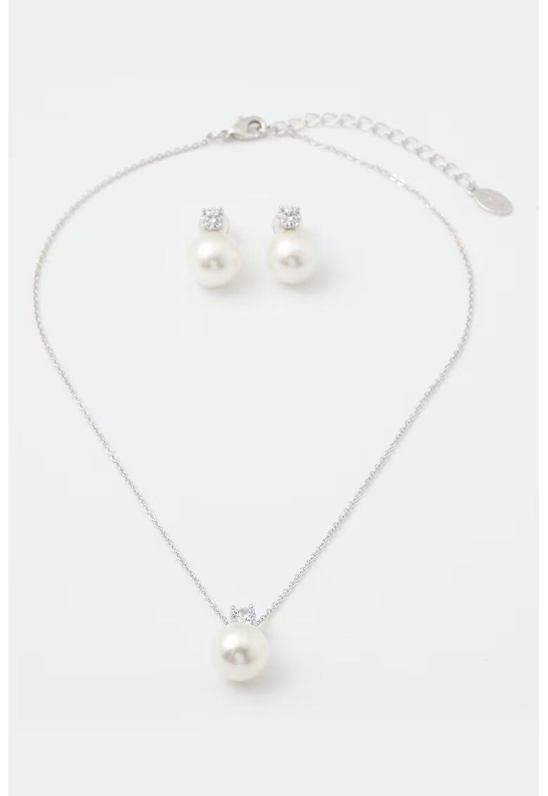 US Polo Assn Set de colier si cercei cu cristale si perle sintetice - Alb/Argintiu