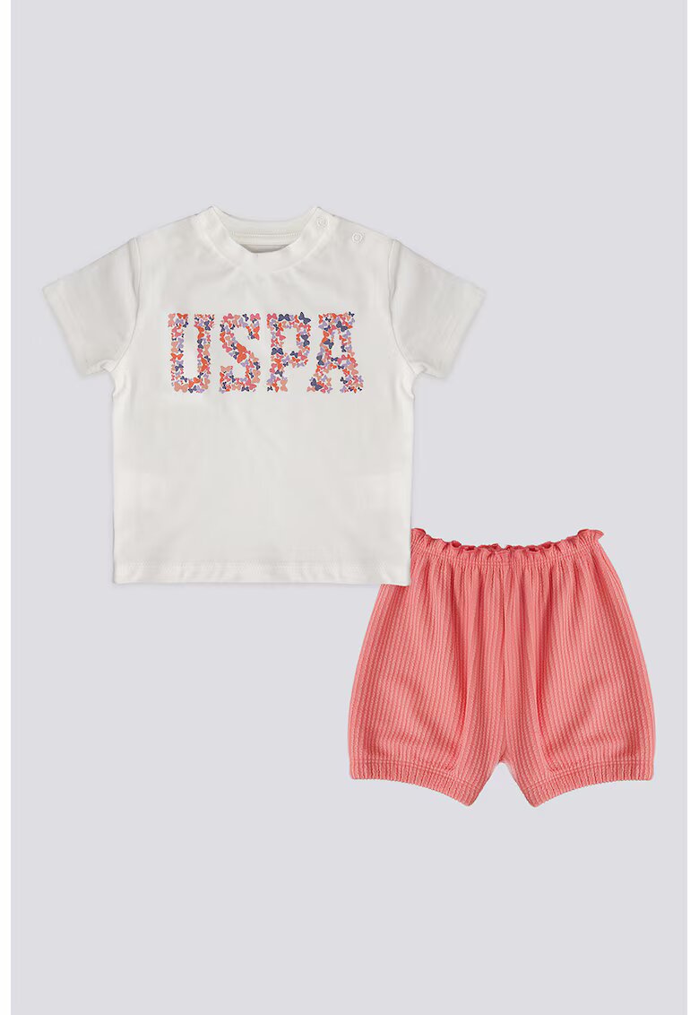 US Polo Assn Set de pantaloni scurti si tricou cu imprimeu - 2 piese - Alb/Coral/Albastru