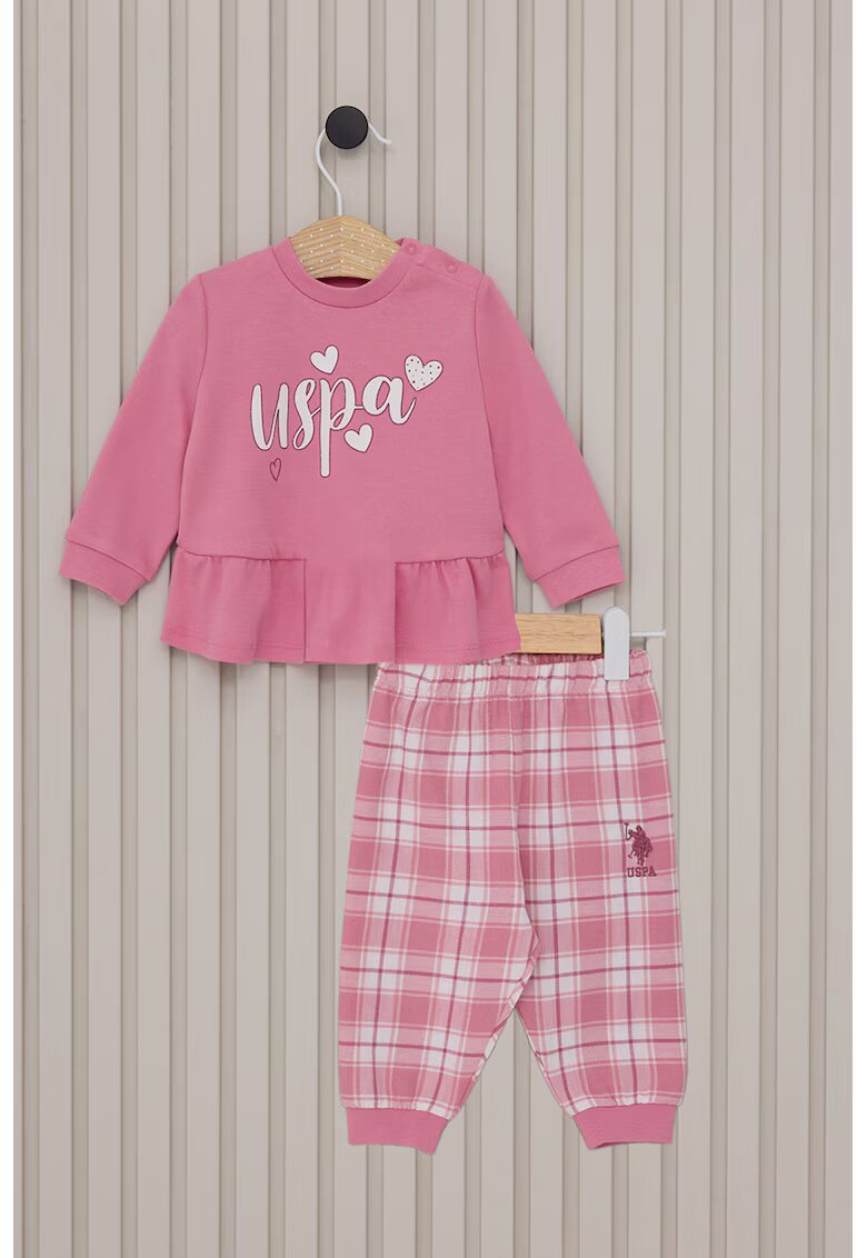 US Polo Assn Set de pantaloni si bluza de bumbac - 2 piese - Alb/Roz pastel