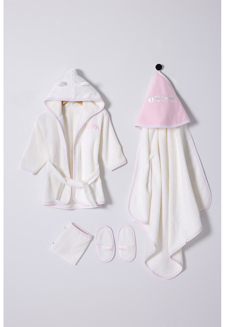 US Polo Assn Set de papuci de casa - halat de baie cu gluga si prosop - 4 Piese - Roz pastel/Alb murdar