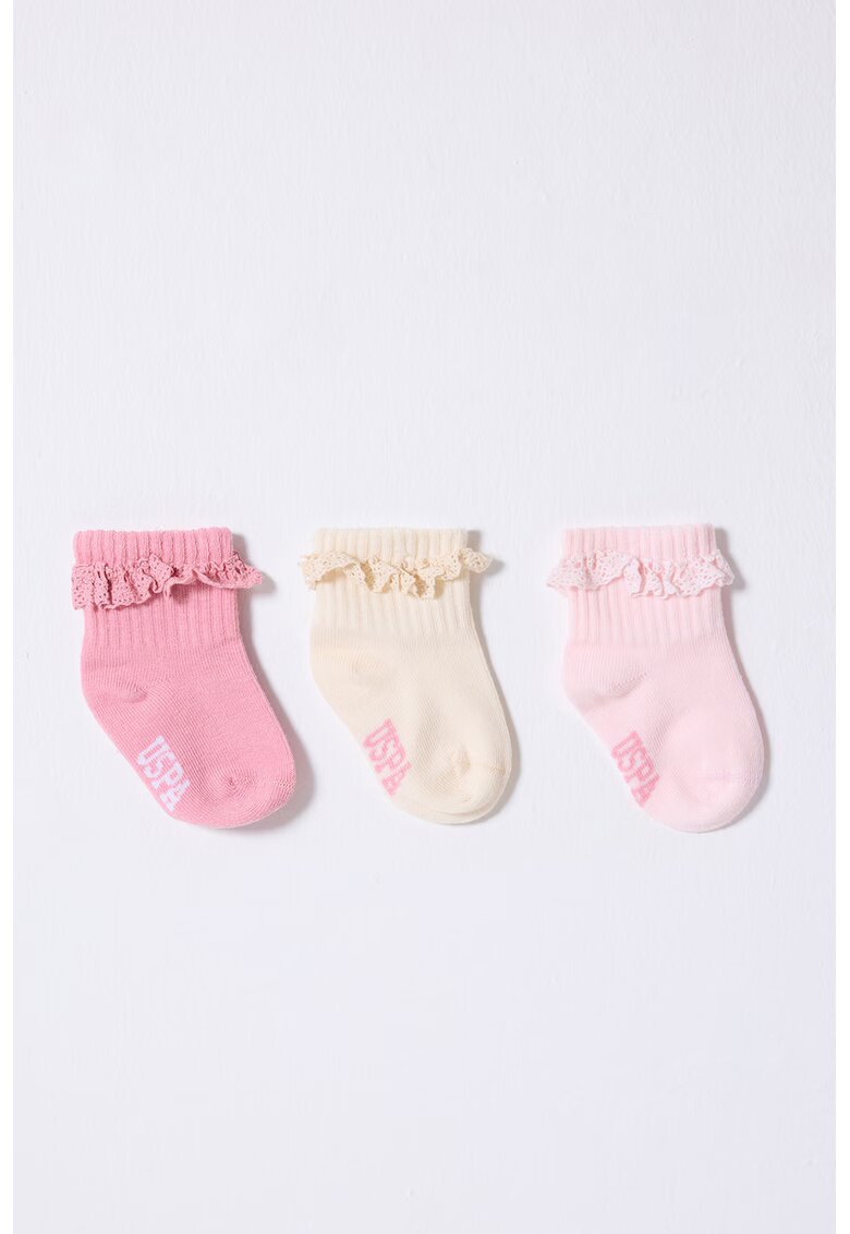 US Polo Assn Set de sosete foarte cu volane - 3 perechi - Fucsia/Roz pastel/Galben pal