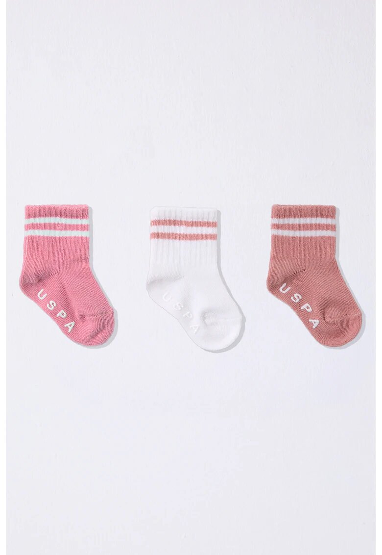 US Polo Assn Set de sosete scurte din amestec de bumbac - 3 perechi - Roz pastel/Alb optic/Roz prafuit