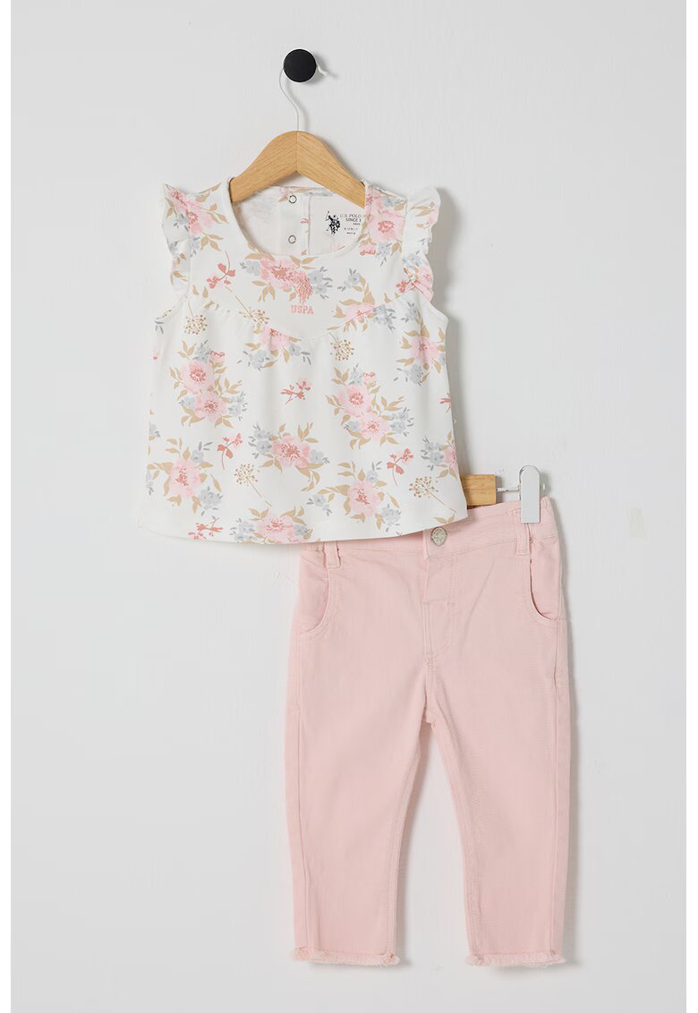 US Polo Assn Set de tricou cu imprimeu floral si pantaloni scurti - 2 Piese - Roz pastel/Alb murdar