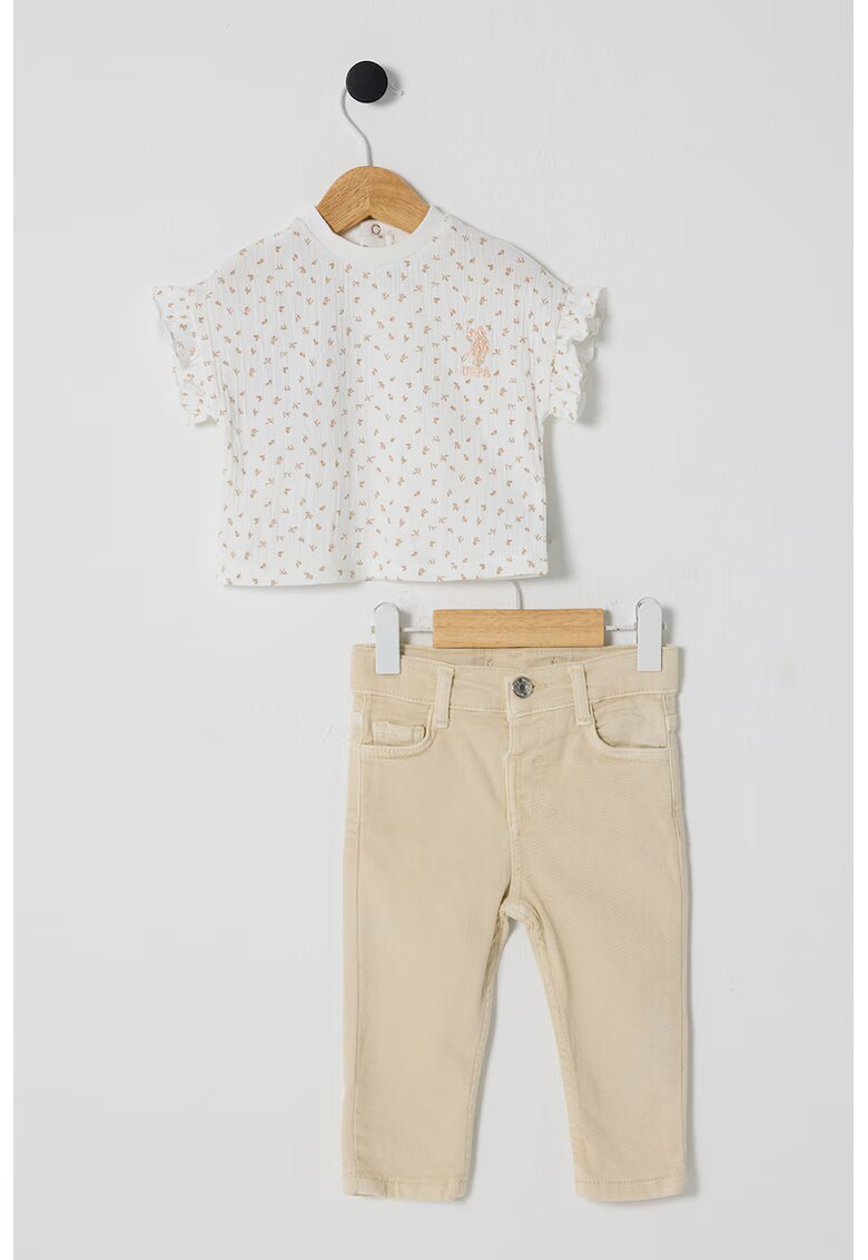 US Polo Assn Set de tricou cu imprimeu si pantaloni - 2 Piese - Alb murdar/Bej deschis
