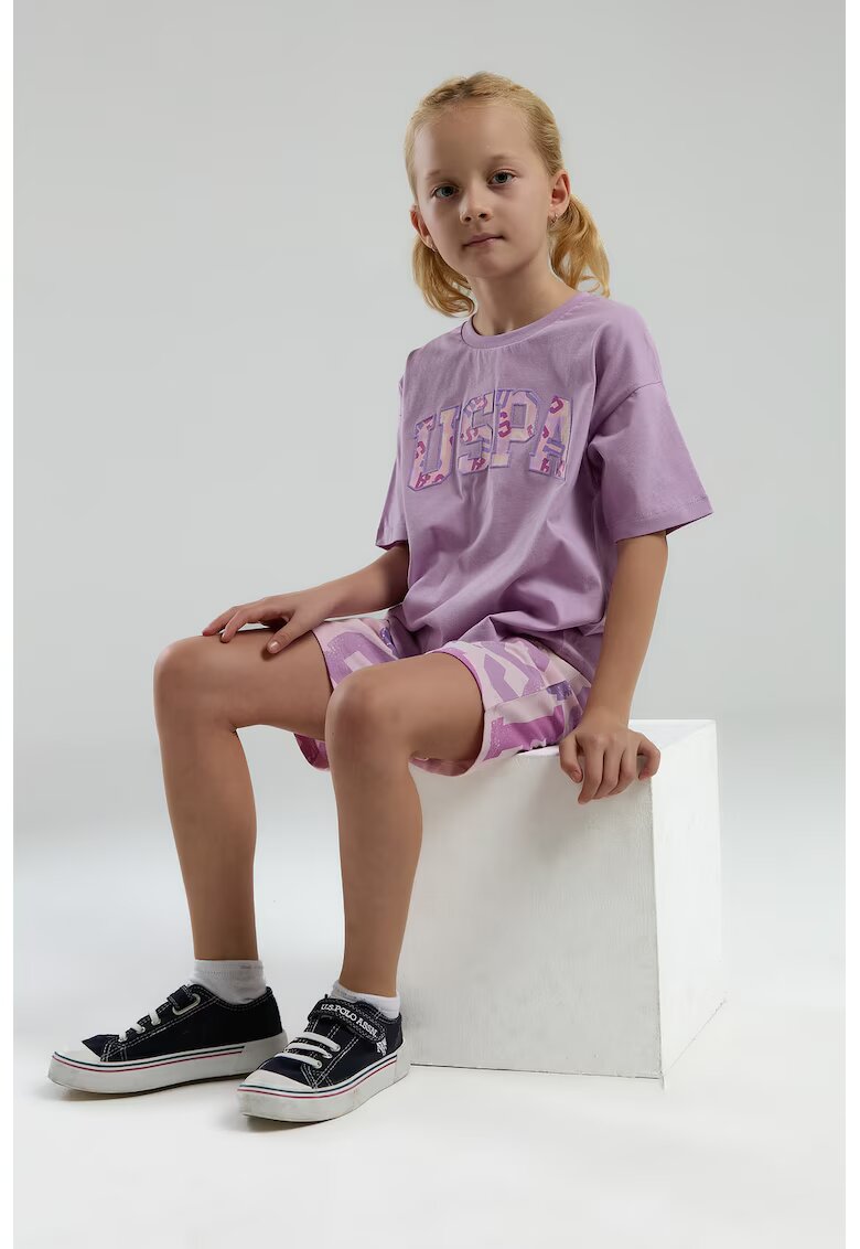 US Polo Assn Set de tricou cu logo brodat si pantaloni scurti - 2 piese - Violet/Crem