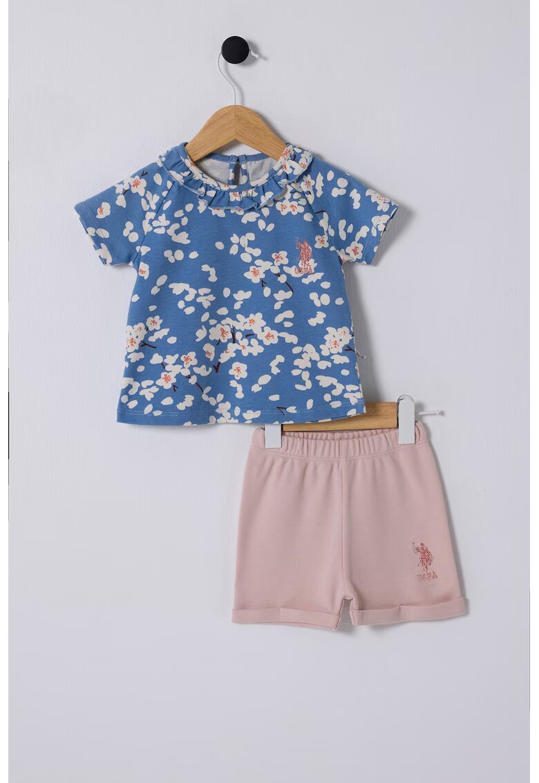 US Polo Assn Set de tricou cu model floral si pantaloni scurti cu imprimeu logo - Alb murdar/Albastru deschis/Roz prafuit