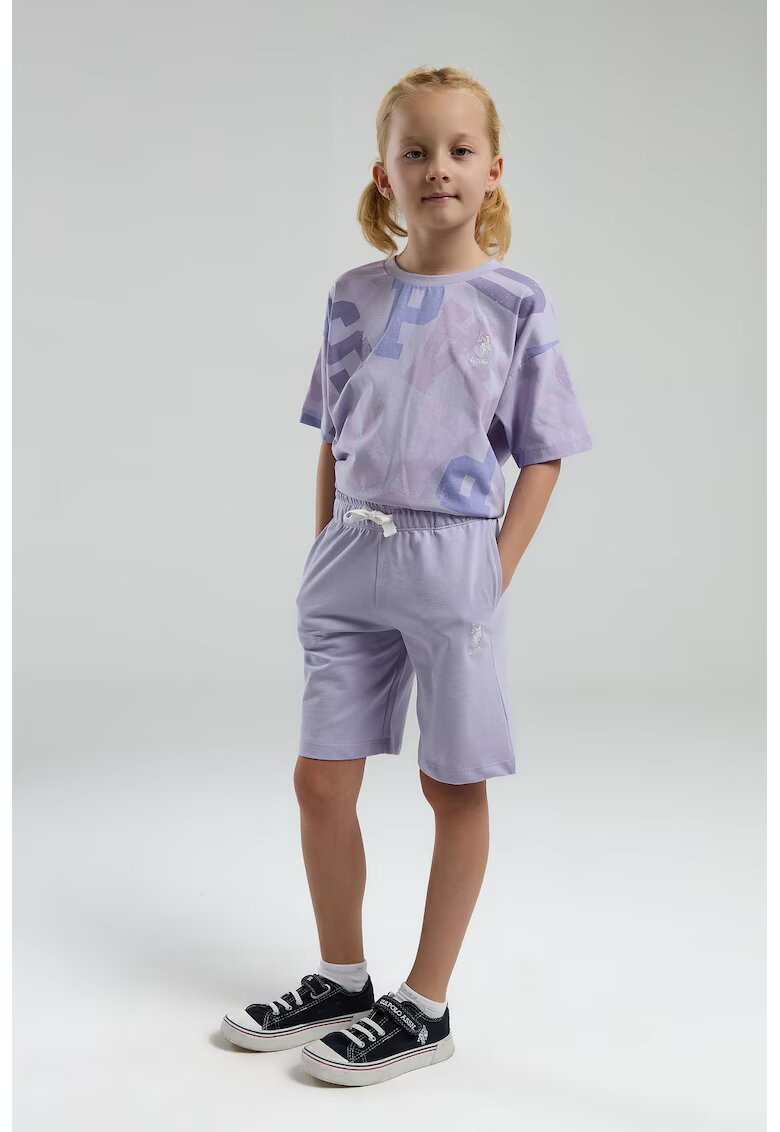 US Polo Assn Set de tricou din bumbac si pantaloni scurti cu imprimeu text - 2 Piese - Albastru inchis/Lila