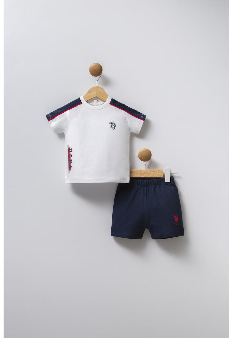 US Polo Assn Set de tricou polo de bumbac si pantaloni scurti - 2 piese - Alb murdar/Bleumarin