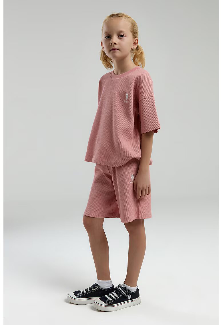 US Polo Assn Trening de bumbac cu pantaloni scurti si maneci cazute - Roz somon